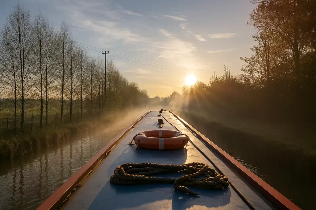 A narrowboat floats along a misty canal at sunrise, with soft sunlight illuminating the scene. Trees line the banks, and a life buoy rests on the boat's roof alongside a coiled rope. The atmosphere is tranquil and serene.