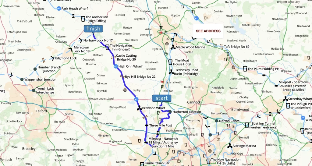 Map showing a route marked in blue, connecting various locations in a part of the countryside. Several points of interest and landmarks are labeled along the route, which travels through a mix of urban and rural areas.