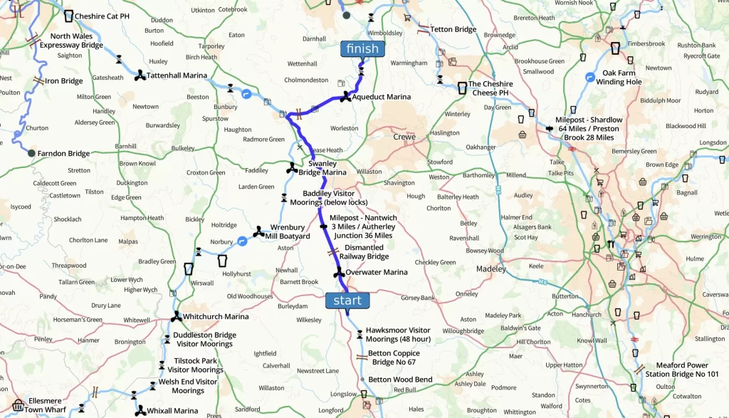 Map highlighting a route from Brampton to Tewkesbury, marked with blue lines. Key locations, including towns and landmarks, are labeled, indicating various features along the route.
