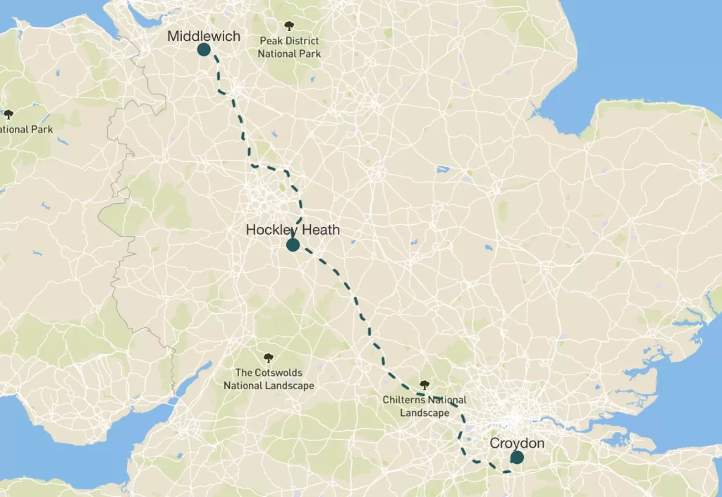Map showing a route from Croydon to Middlewich, with key locations marked along the path, including Hockley Heath. The route is highlighted by a dashed line. The surrounding areas include various landmarks and parks.